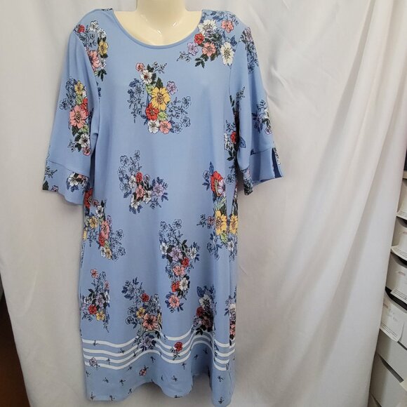 Ophelia Roe 2X Dress Blue w/floral textured Midi elbow sleeves LIKE NEW Criscros - Picture 1 of 12